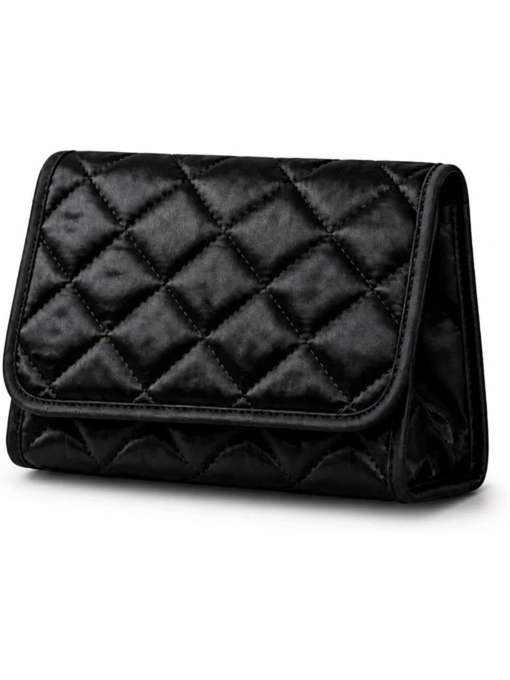 Quilted Satin Black Travel Makeup Bag with Mirror | Stylish Cosmetic Clutch